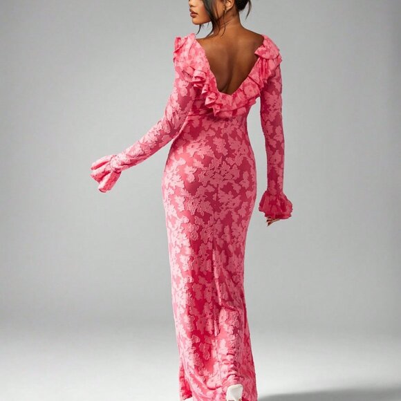 Pink Party Women's Long Sleeve Ruffle Floral Lace Maxi Dress with Empire Waist - Picture 2 of 5